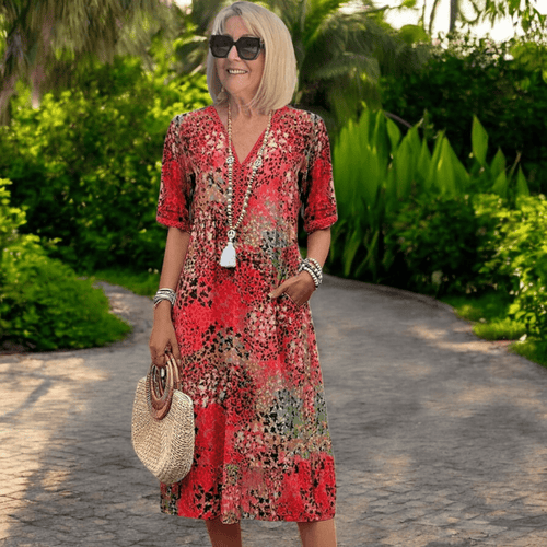 Atasha | Printed V - Neck Midi Dress - Ciara & Fiona