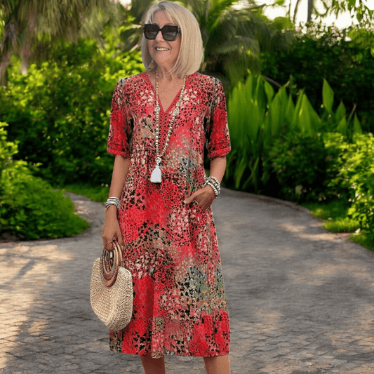 Atasha | Printed V - Neck Midi Dress - Ciara & Fiona