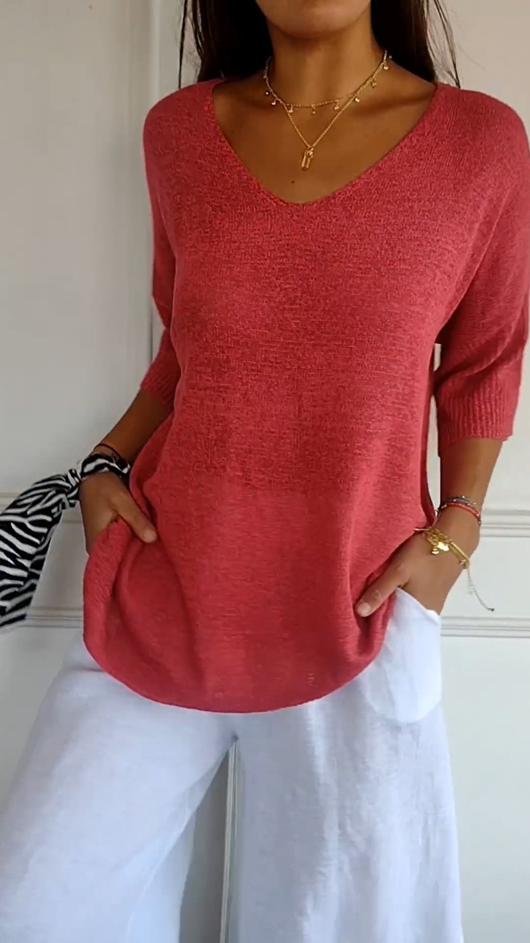 Calliope | Plain Knitted Top with V - neckline - Ciara & Fiona