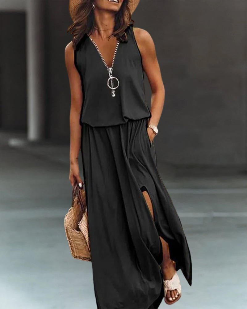 Crimson | Plain Dress with Zipper and Slit - Ciara & Fiona