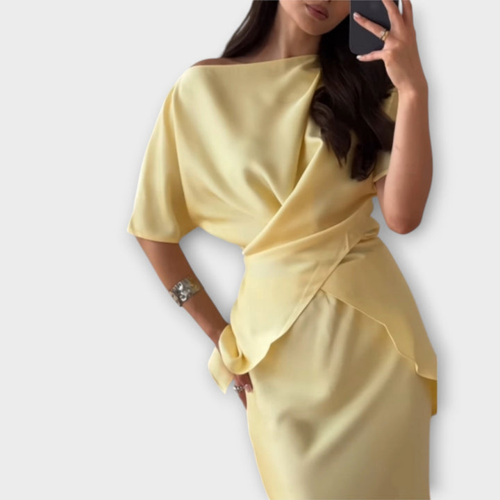 Finja - Off - Shoulder Top with Knot Front and Skirt Ensemble - Luna Hampton