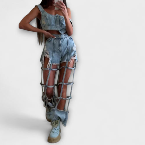 Gaia - Stylish light blue denim crop top with strap details and ripped shorts set - Luna Hampton