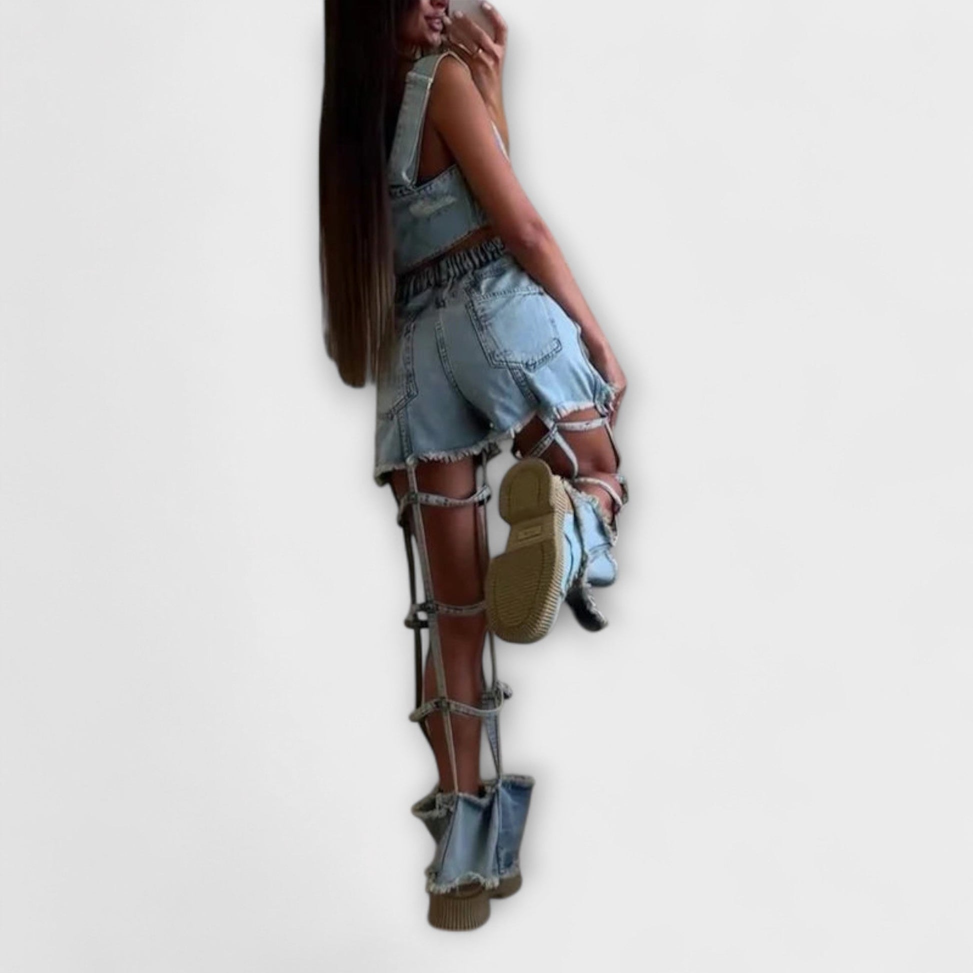 Gaia - Stylish light blue denim crop top with strap details and ripped shorts set - Luna Hampton