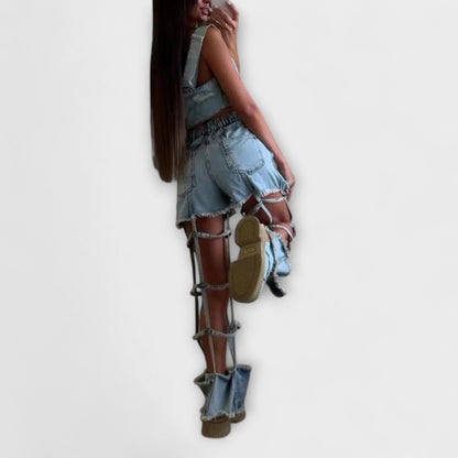 Gaia - Stylish light blue denim crop top with strap details and ripped shorts set - Luna Hampton