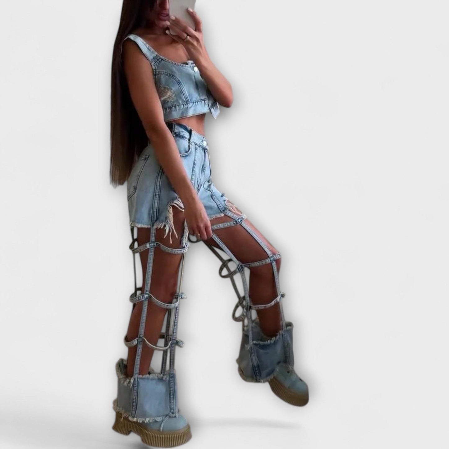 Gaia - Stylish light blue denim crop top with strap details and ripped shorts set - Luna Hampton