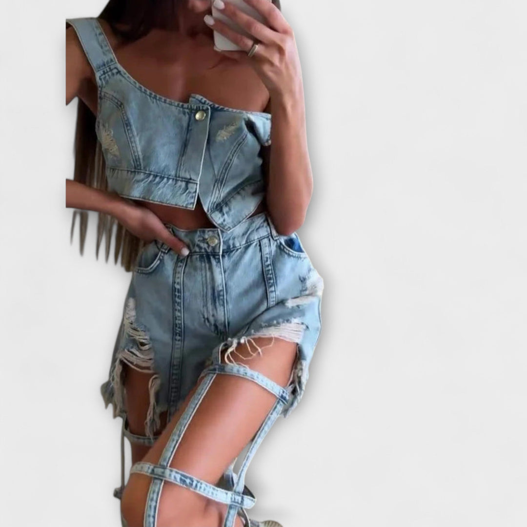 Gaia - Stylish light blue denim crop top with strap details and ripped shorts set - Luna Hampton