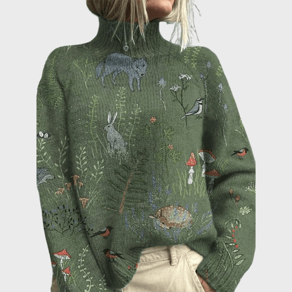 Hana Knitted Turtleneck Sweater – Warm, Stylish Forest Animal Print - Luna Hampton