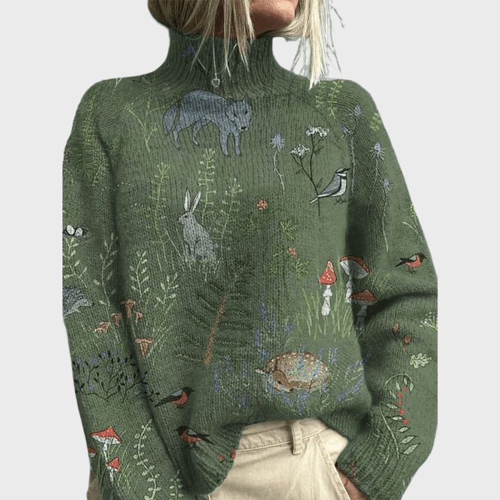 Hana Knitted Turtleneck Sweater – Warm, Stylish Forest Animal Print - Luna Hampton