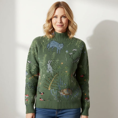 Hana Knitted Turtleneck Sweater – Warm, Stylish Forest Animal Print - Luna Hampton