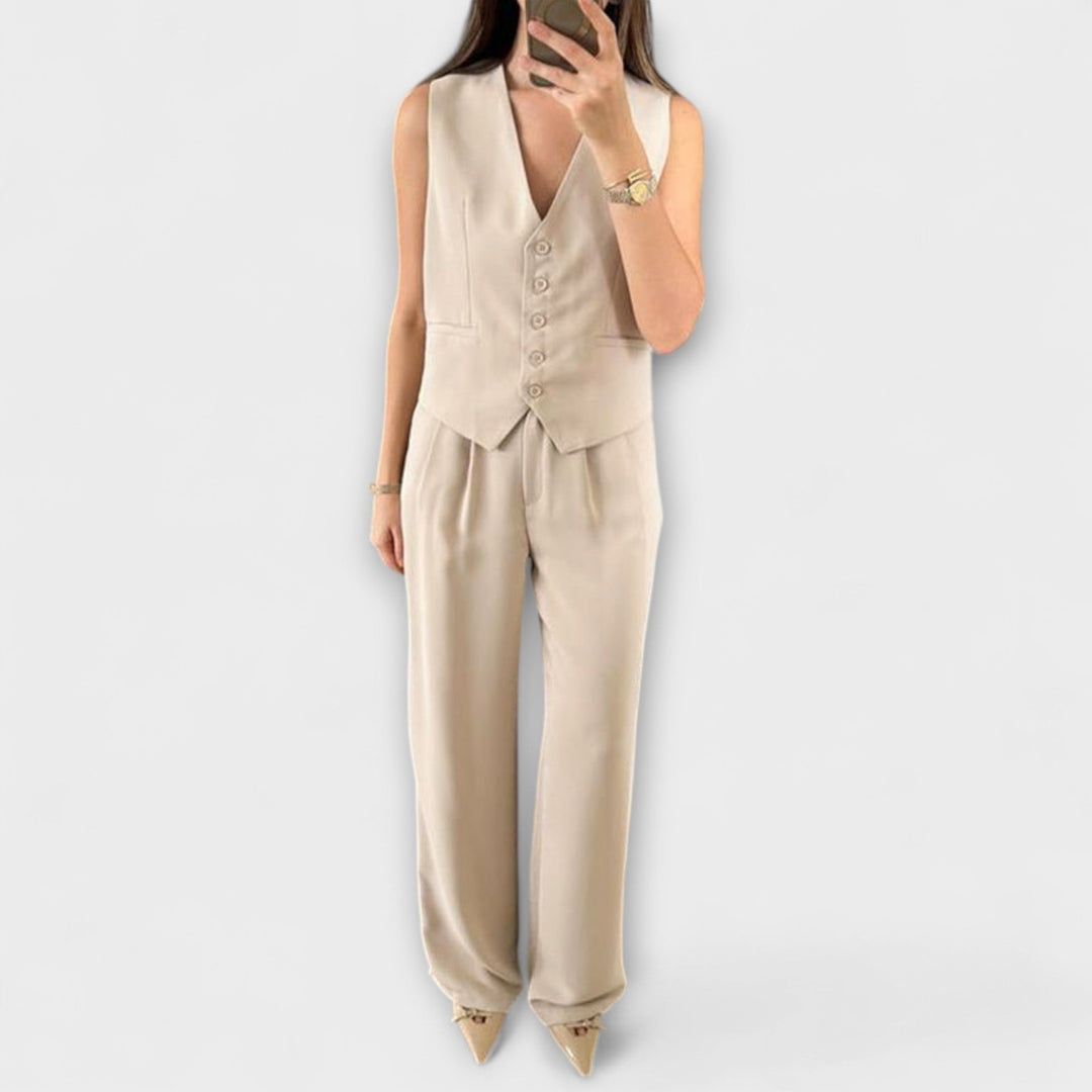 Hazel - Stylish Solid Color V - Neck Vest and Pants Two - Piece Set - Luna Hampton
