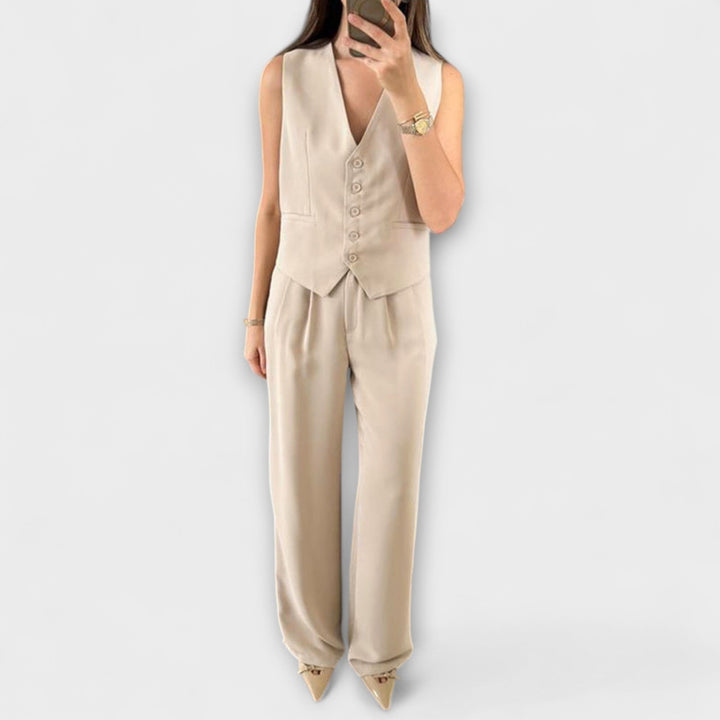 Hazel - Stylish Solid Color V - Neck Vest and Pants Two - Piece Set - Luna Hampton