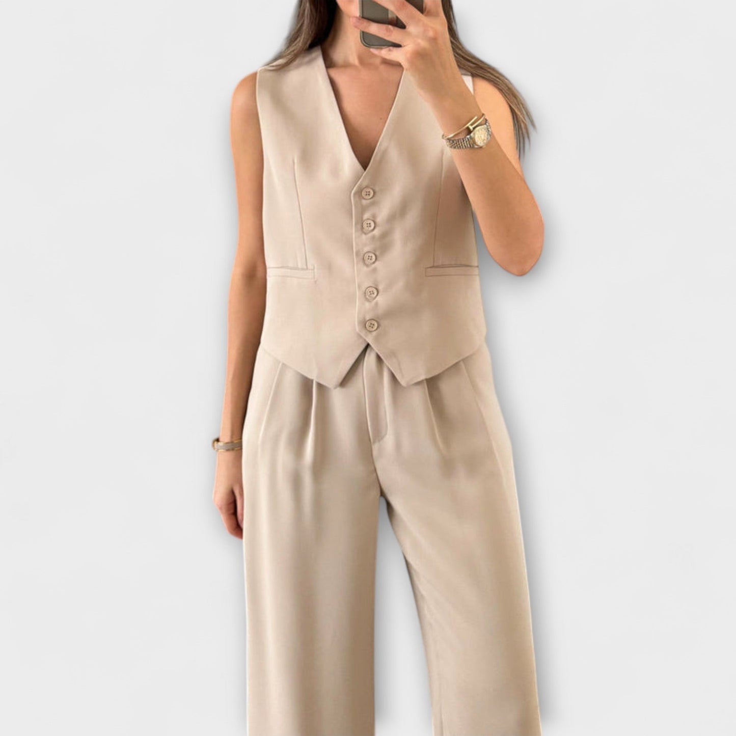 Hazel - Stylish Solid Color V - Neck Vest and Pants Two - Piece Set - Luna Hampton