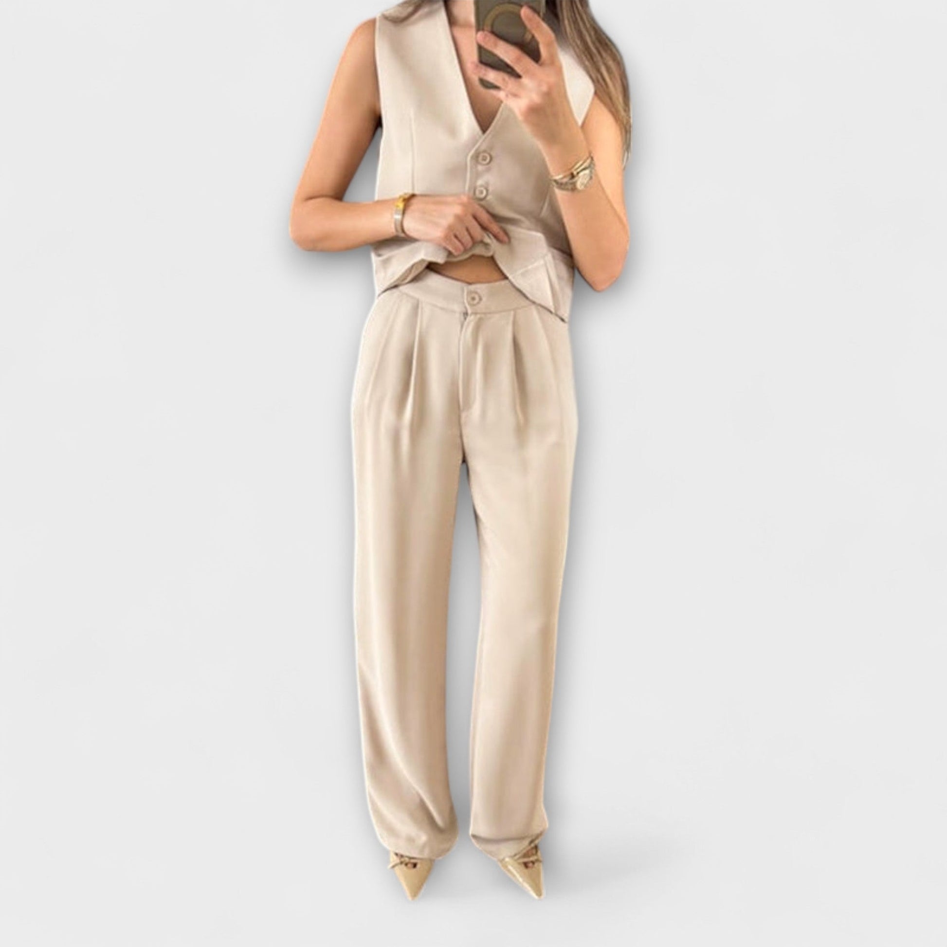 Hazel - Stylish Solid Color V - Neck Vest and Pants Two - Piece Set - Luna Hampton