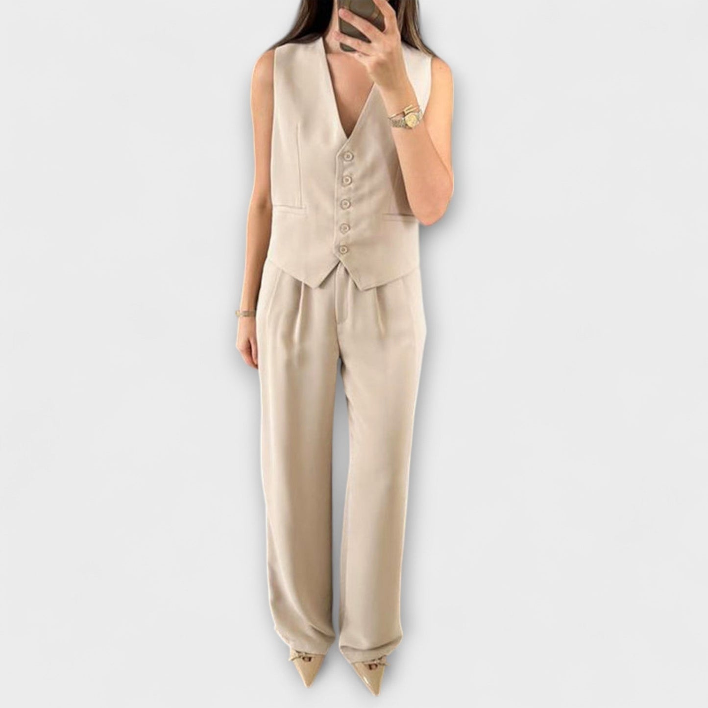 Hazel - Stylish Solid Color V - Neck Vest and Pants Two - Piece Set - Luna Hampton