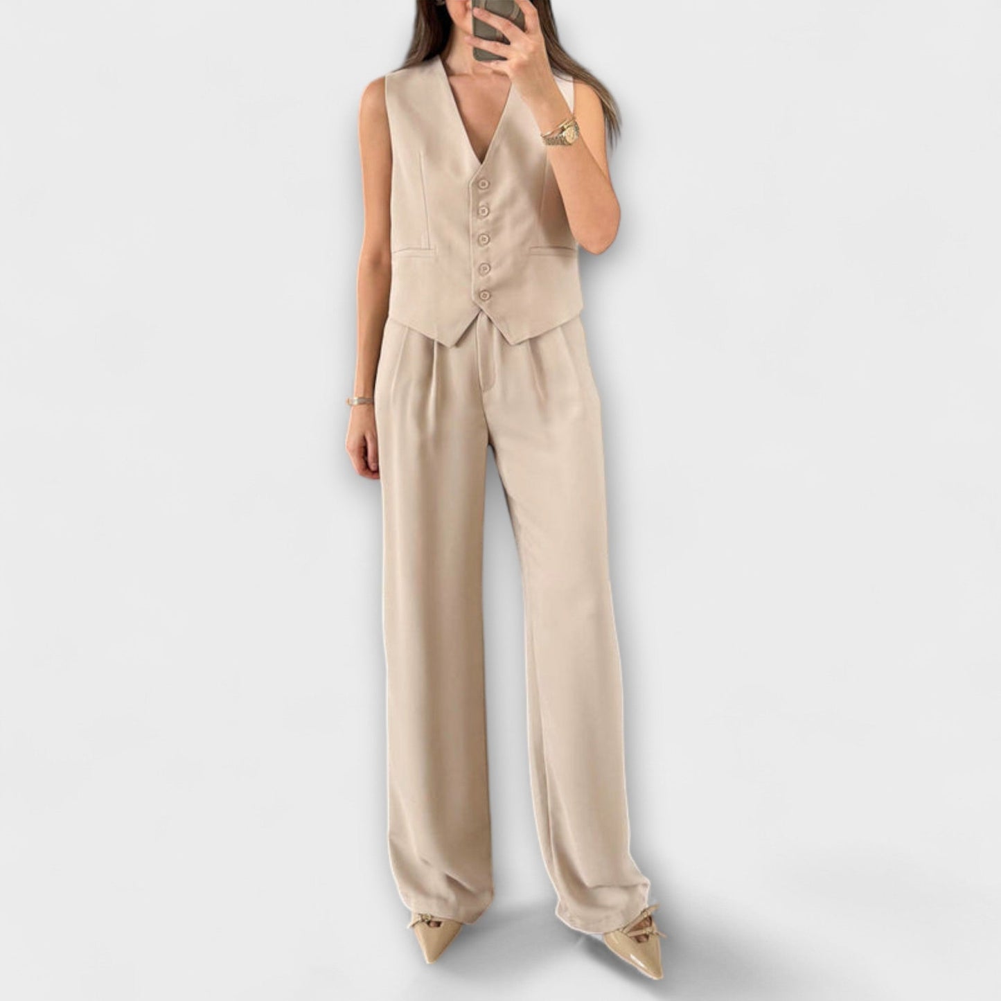 Hazel - Stylish Solid Color V - Neck Vest and Pants Two - Piece Set - Luna Hampton