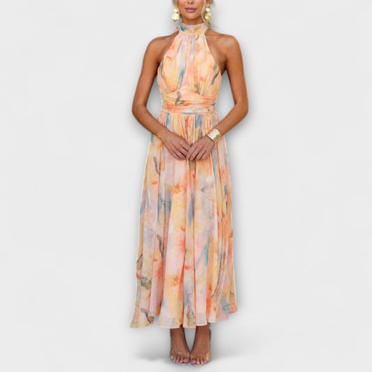 Hillary | Halter - neck Watercolor Print Maxi Dress - Ciara & Fiona