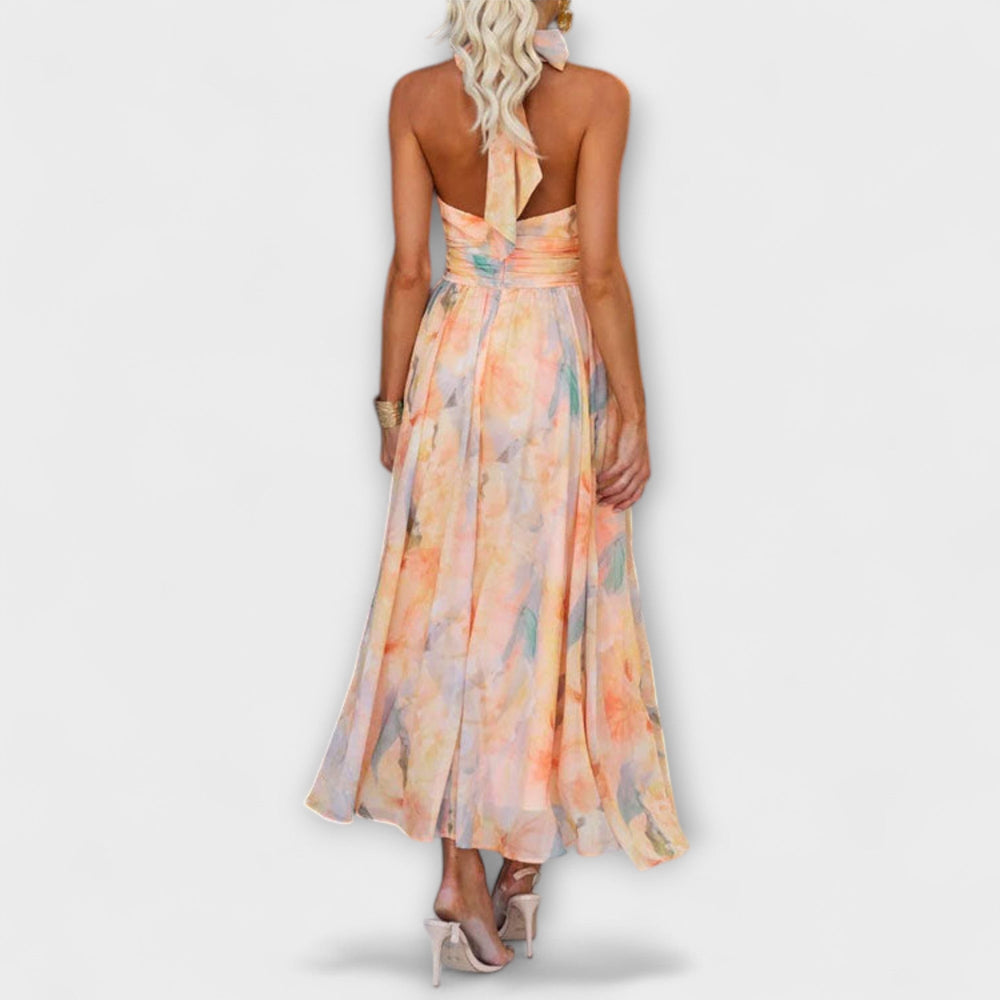 Hillary | Halter - neck Watercolor Print Maxi Dress - Ciara & Fiona