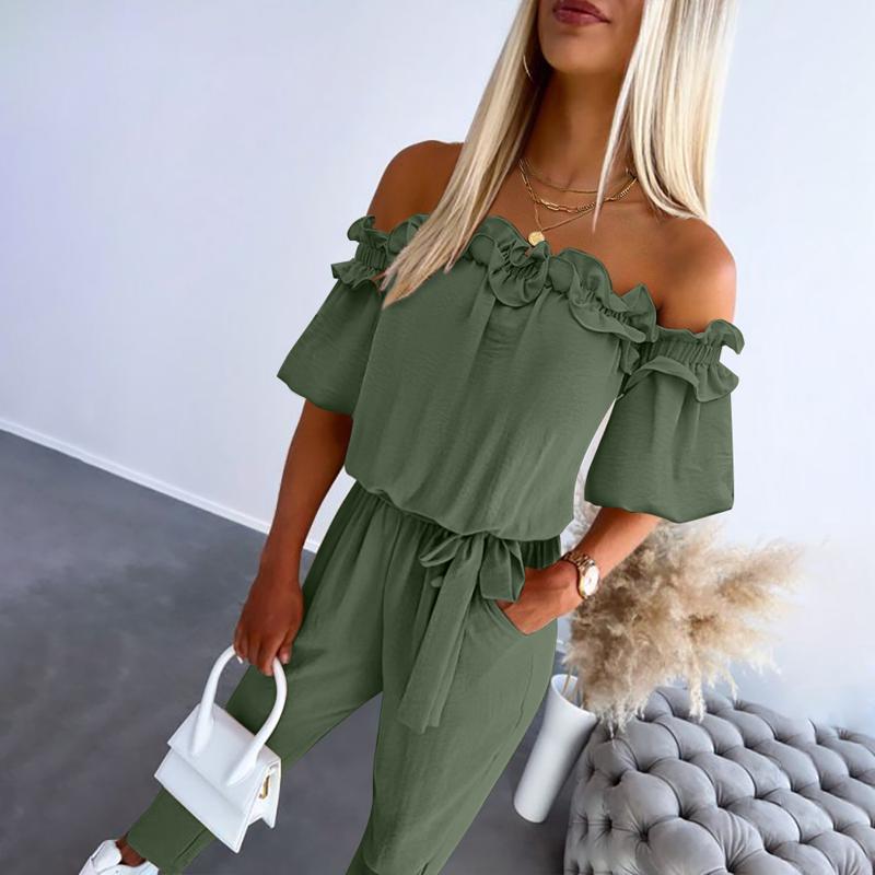 Irenee | Chic Off Shoulder Frill Tie - Waist Jumpsuit - Ciara & Fiona