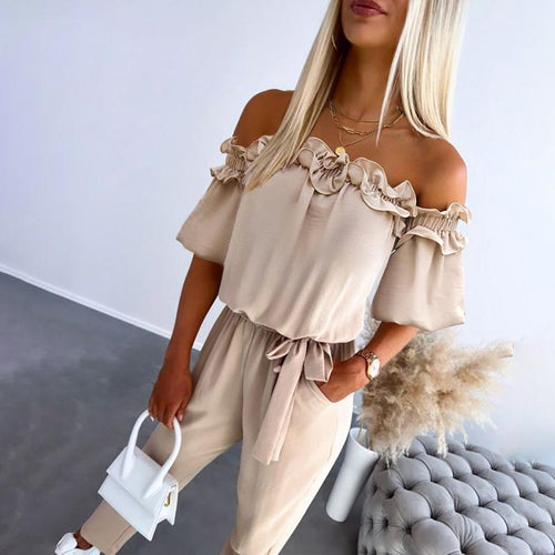 Irenee | Chic Off Shoulder Frill Tie - Waist Jumpsuit - Ciara & Fiona
