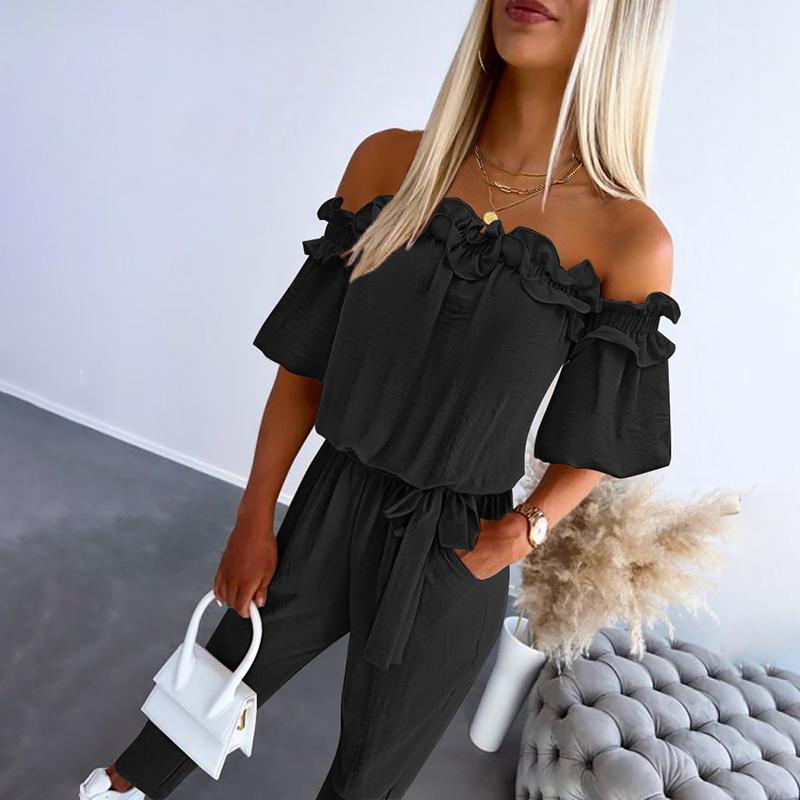 Irenee | Chic Off Shoulder Frill Tie - Waist Jumpsuit - Ciara & Fiona