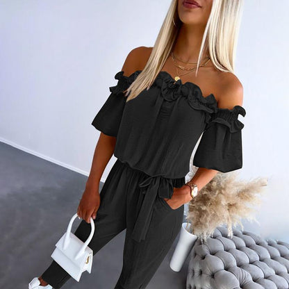 Irenee | Chic Off Shoulder Frill Tie - Waist Jumpsuit - Ciara & Fiona