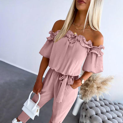 Irenee | Chic Off Shoulder Frill Tie - Waist Jumpsuit - Ciara & Fiona