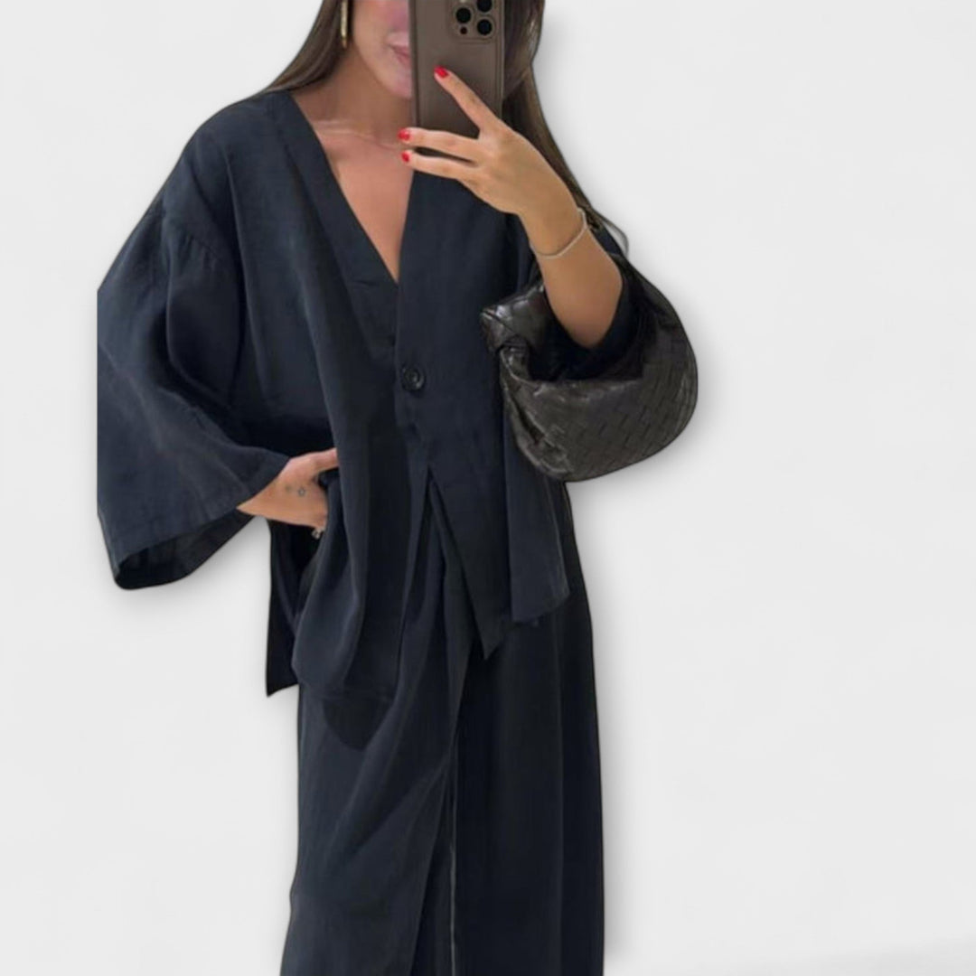 Jacqueline - Casual V - Neck Top and Pants Duo - Luna Hampton