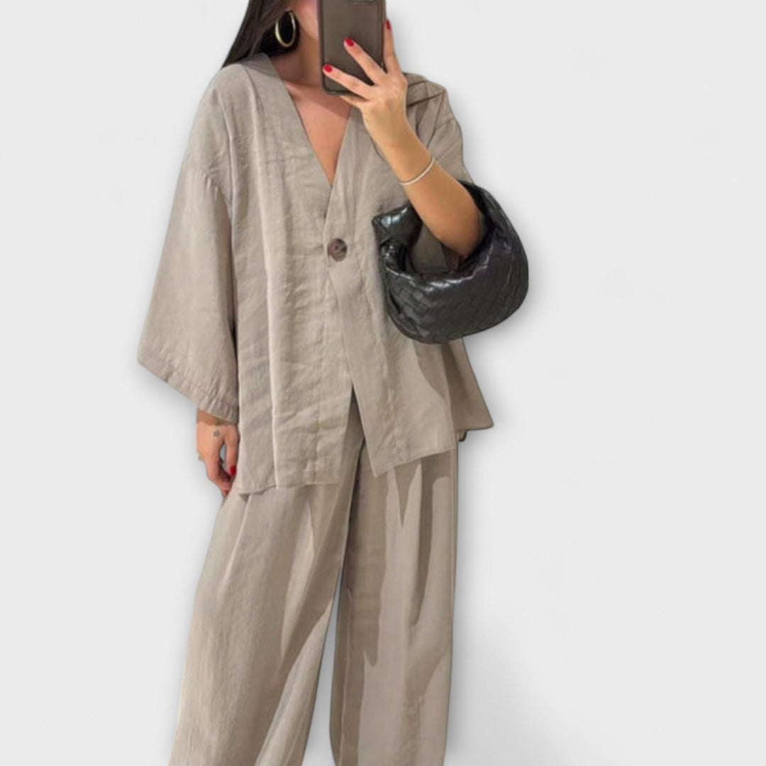 Jacqueline - Casual V - Neck Top and Pants Duo - Luna Hampton