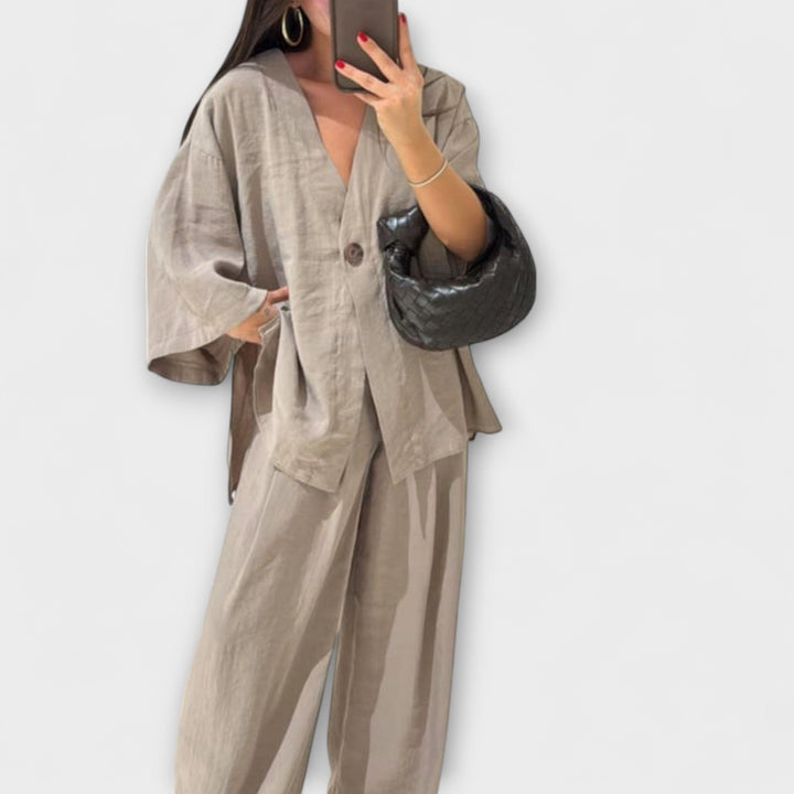 Jacqueline - Casual V - Neck Top and Pants Duo - Luna Hampton