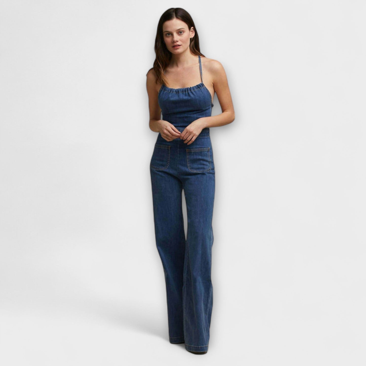 Julie - Flared Denim Jumpsuit with Tie Detail - Luna Hampton