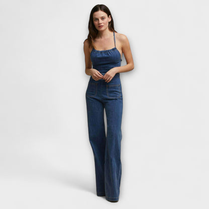 Julie - Flared Denim Jumpsuit with Tie Detail - Luna Hampton