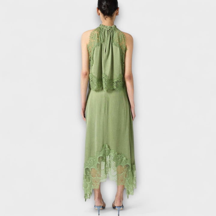 Kaia - Satin Blouse with Lace Trim and Pleated Neckline Set - Luna Hampton