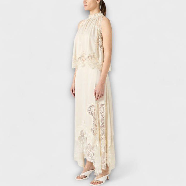 Kaia - Satin Blouse with Lace Trim and Pleated Neckline Set - Luna Hampton