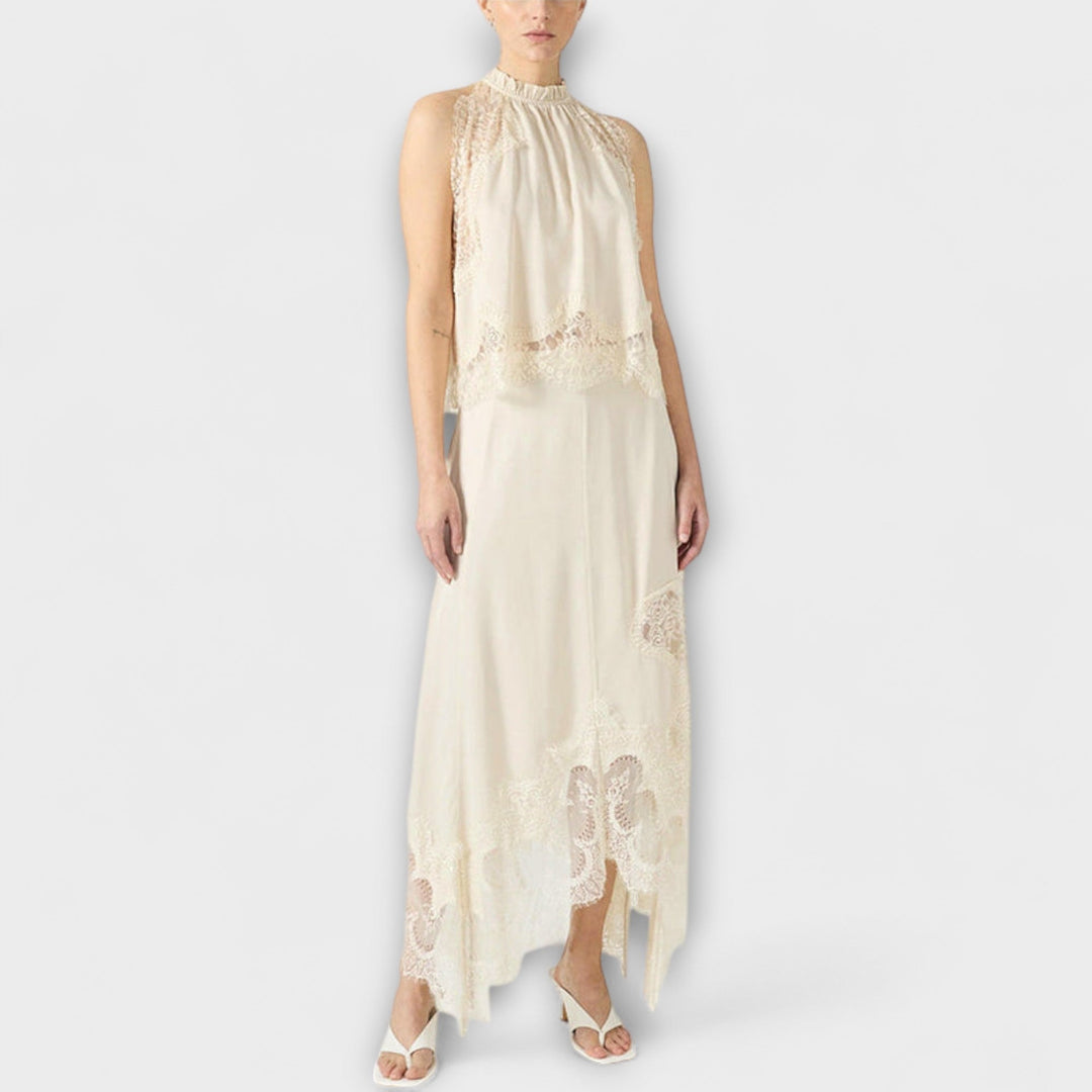 Kaia - Satin Blouse with Lace Trim and Pleated Neckline Set - Luna Hampton