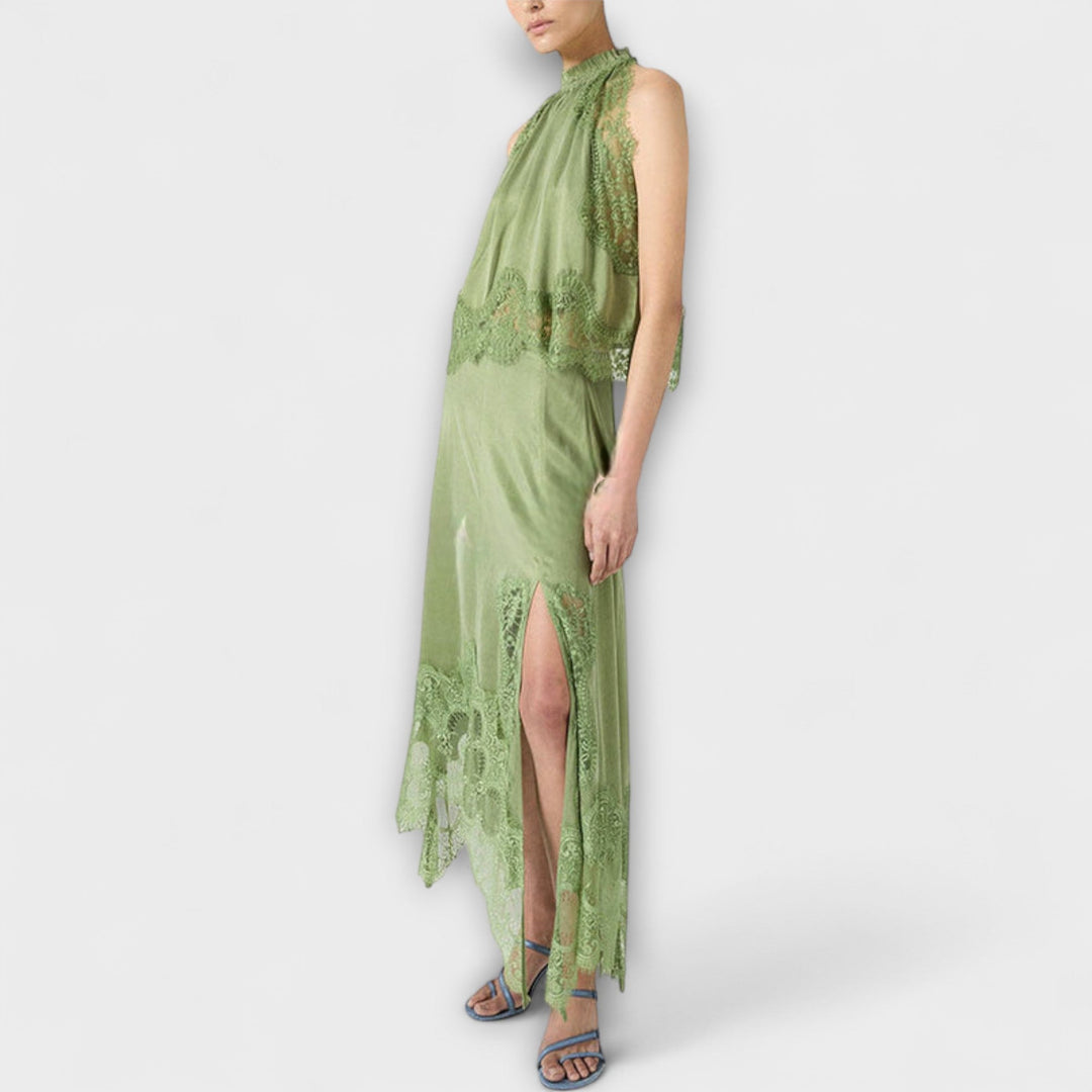 Kaia - Satin Blouse with Lace Trim and Pleated Neckline Set - Luna Hampton