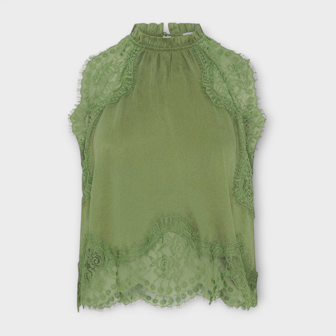 Kaia - Satin Blouse with Lace Trim and Pleated Neckline Set - Luna Hampton