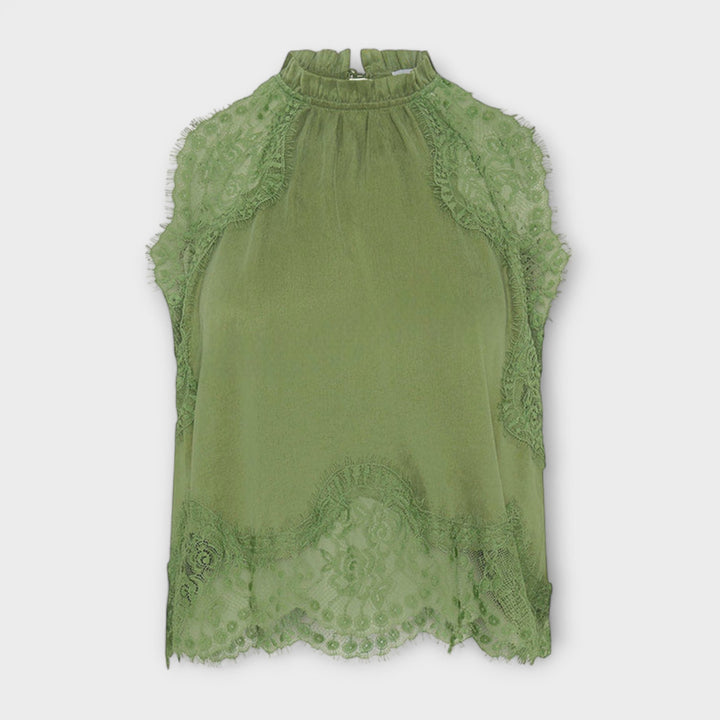 Kaia - Satin Blouse with Lace Trim and Pleated Neckline Set - Luna Hampton