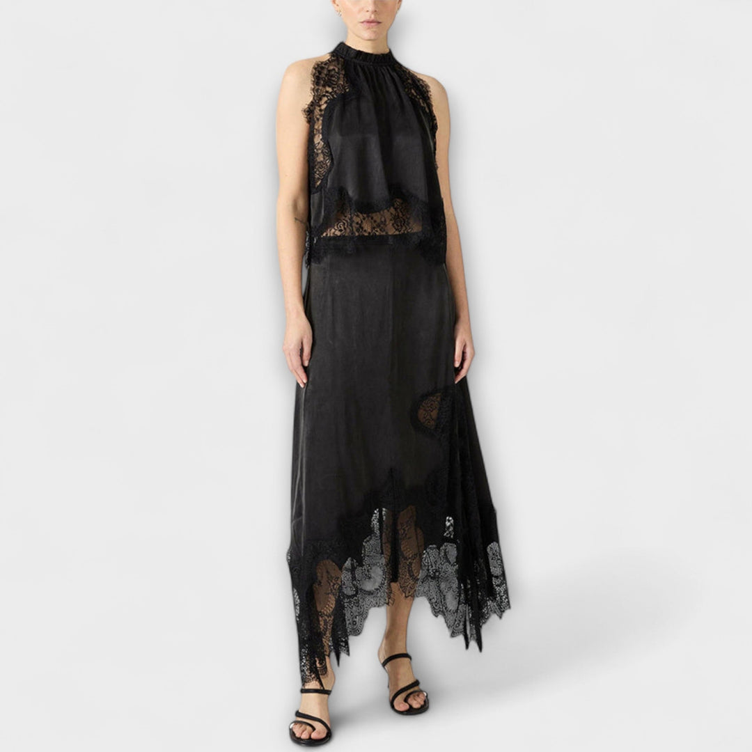 Kaia - Satin Blouse with Lace Trim and Pleated Neckline Set - Luna Hampton