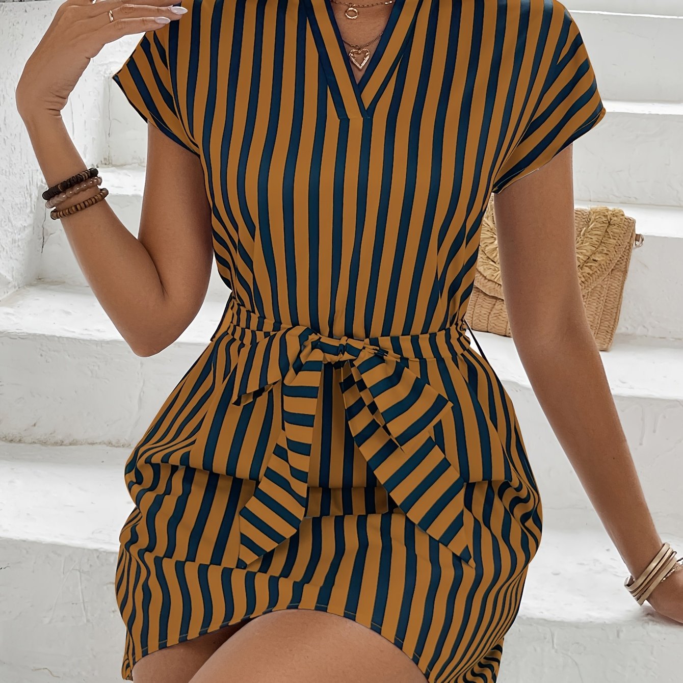 MAELYN | Striped Mini Dress with Belted Waist - Ciara & Fiona