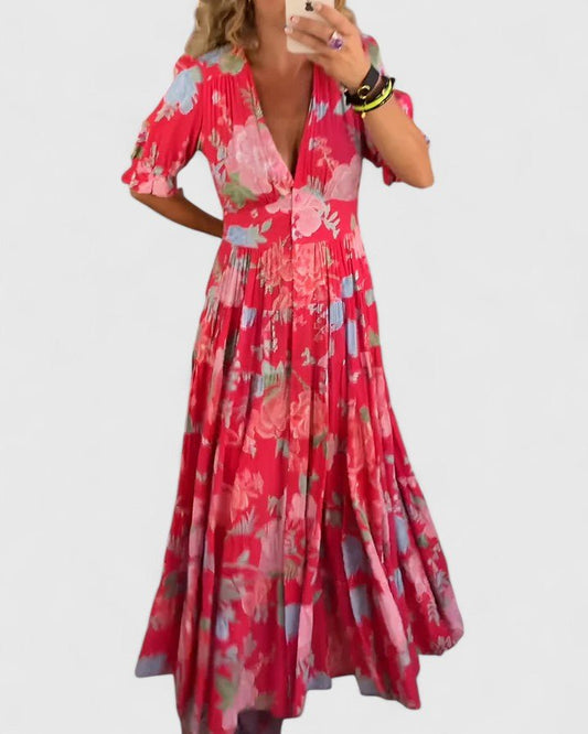 Minelda | Elegant Floral V - neck Dress - Luna Hampton