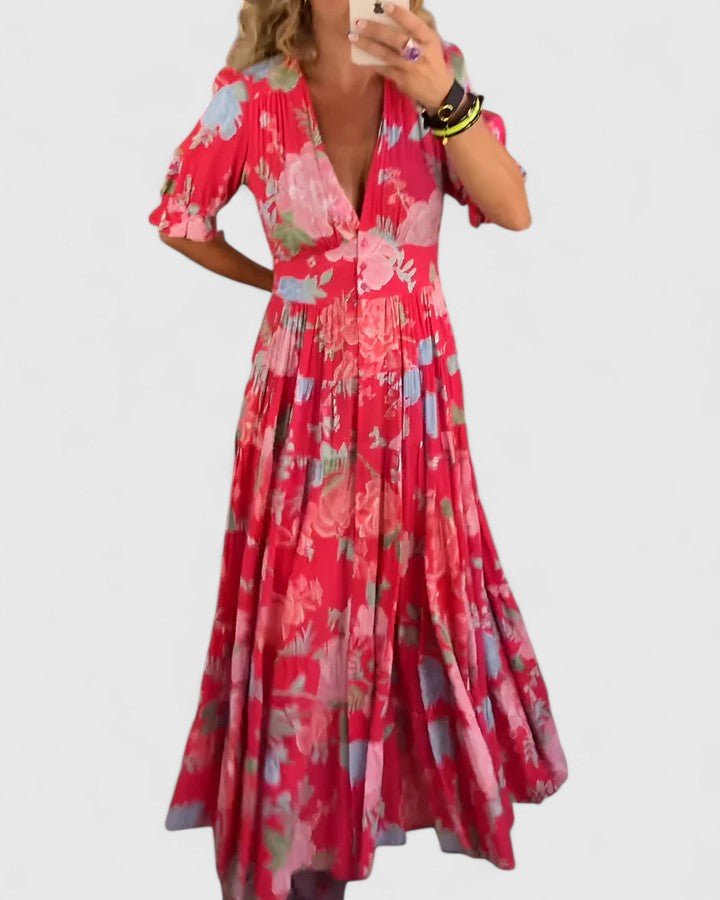 Minelda | Elegant Floral V - neck Dress - Luna Hampton