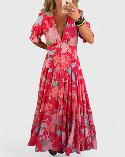 Minelda | Elegant Floral V - neck Dress - Luna Hampton