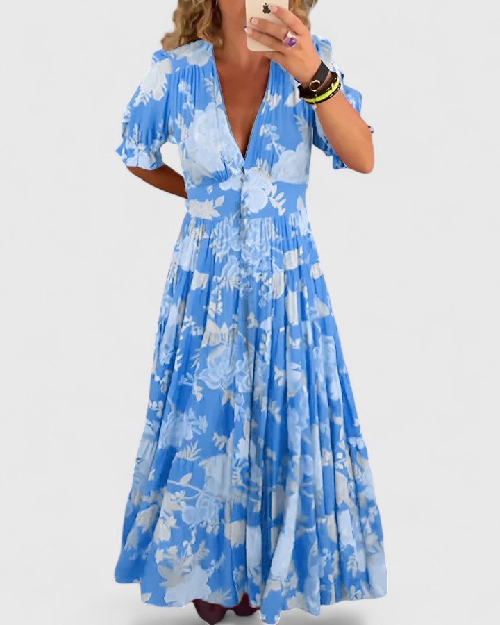Minelda | Elegant Floral V - neck Dress - Luna Hampton