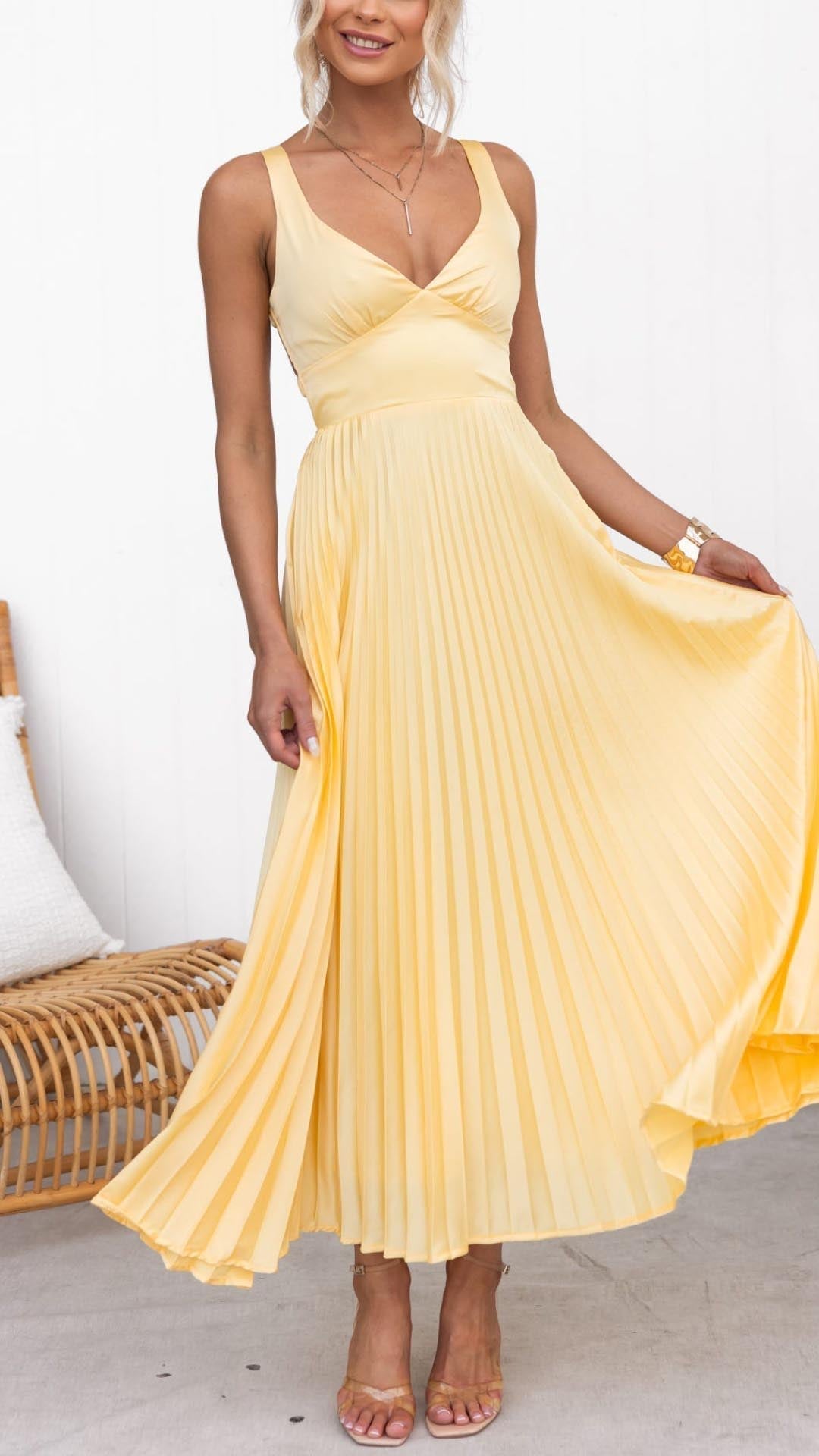 Monique | V - neck Pleated Maxi Dress - Ciara & Fiona