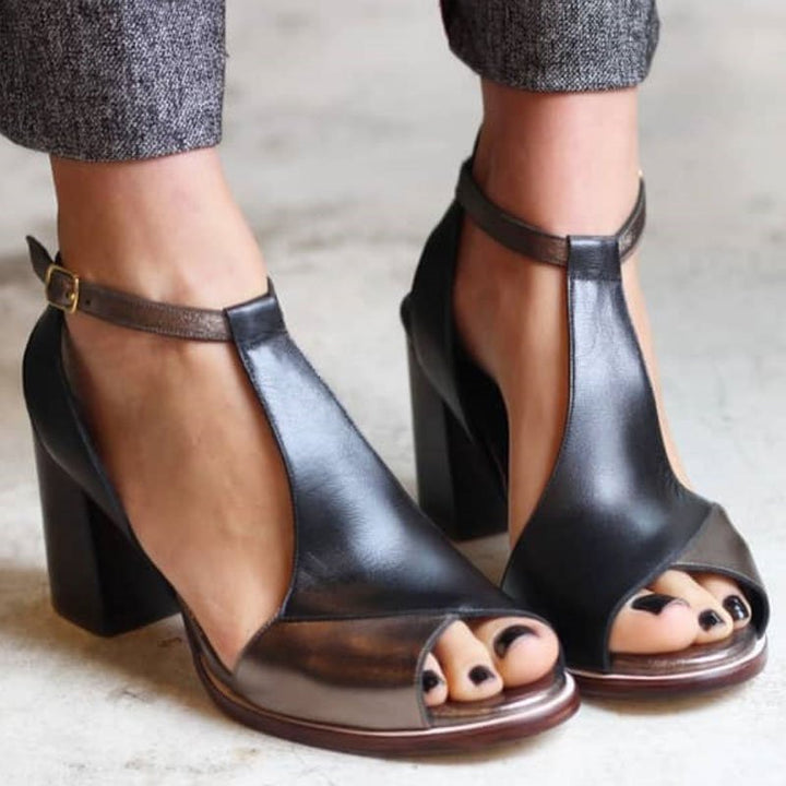Nadaria | Black patchwork peep toe heels - Ciara & Fiona