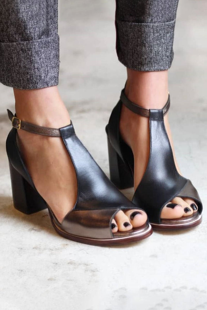 Nadaria | Black patchwork peep toe heels - Ciara & Fiona