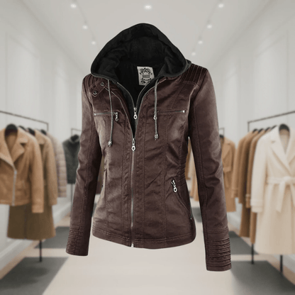 Odessa | Waterproof Leather Jacket with Hood - Ciara & Fiona
