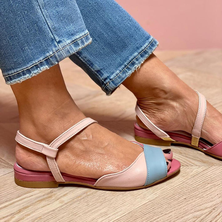 Roselina | Asymmetrical Pink Colour Block Sandals - Ciara & Fiona