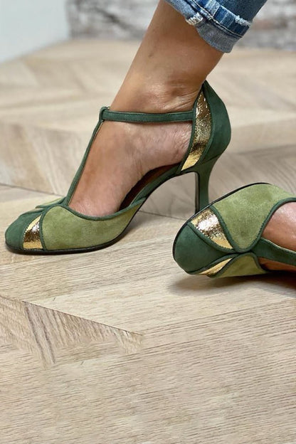 Taviana | Patchwork Heels with T - Strap and Closed Toe - Ciara & Fiona