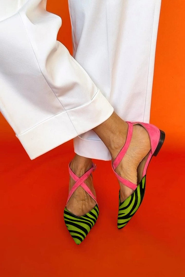 Zarella | Flat Zebra Sandals with Crossed Ankle Straps - Ciara & Fiona